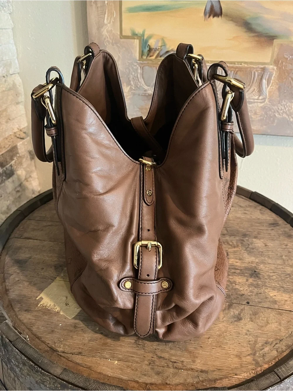 MCM Brown Cognac Monogram Leather Hobo Bag